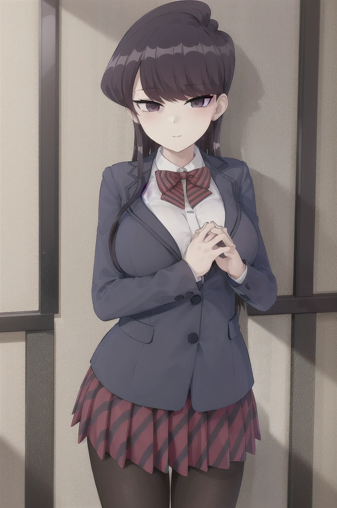 masterpiece, best quality, 1girl, solo, komi-san wa komyushou desu, ks , blue jacket, white shirt, striped bowtie, red skirt, sexy position, medium breasts, cute, black pantyhose, (((Grab your chest with both hands))), looking at viewer, (classroom), cowboy shot 