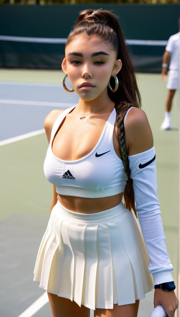 Madison Beer in tennis clothes, white shirt, white skirt, standing on a tennis court, detailed facial features, ultra-detailed, realistic, photorealistic, 8K, masterpiece, dramatic lighting, warm color tones, cinematic pose