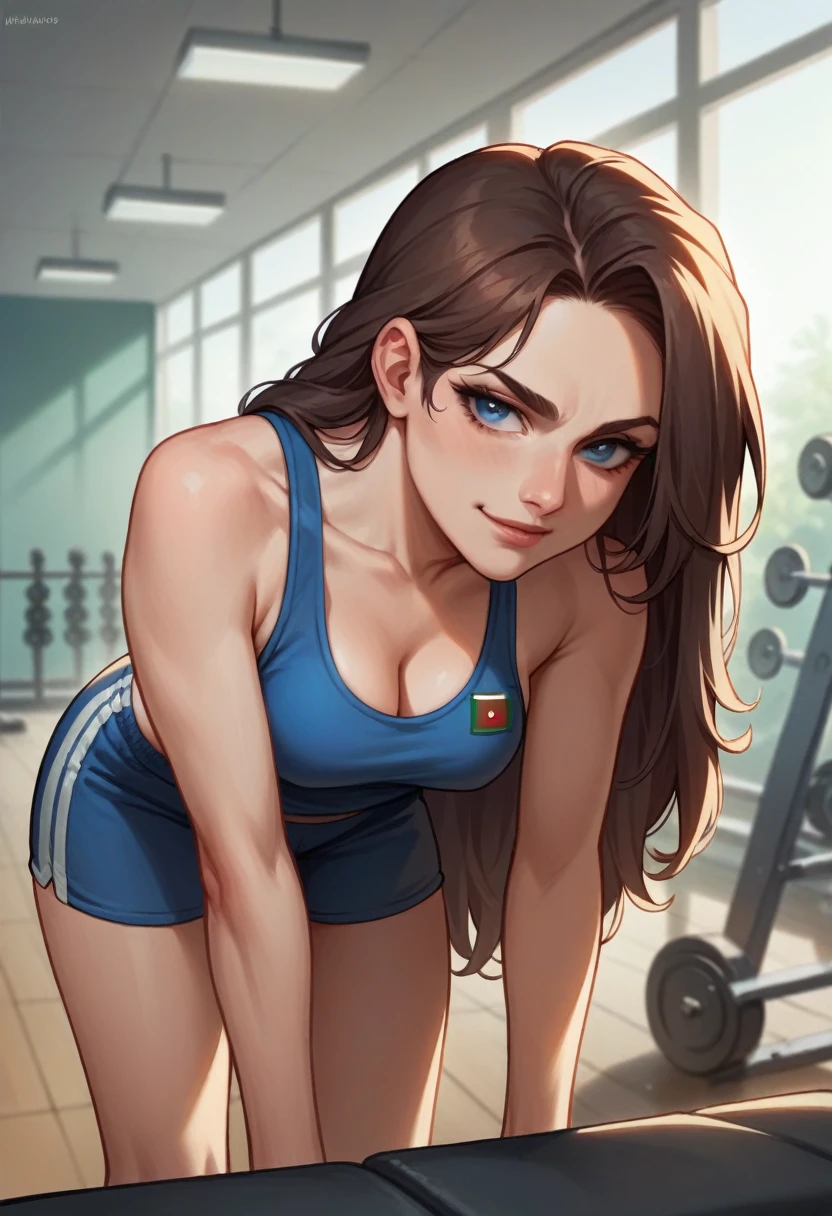 22 year old Italian, girl, brunette hair, highly detailed face and beautiful clear blue eyes, natural , long hair, she is gym, bending over, seductive smirk,nudes