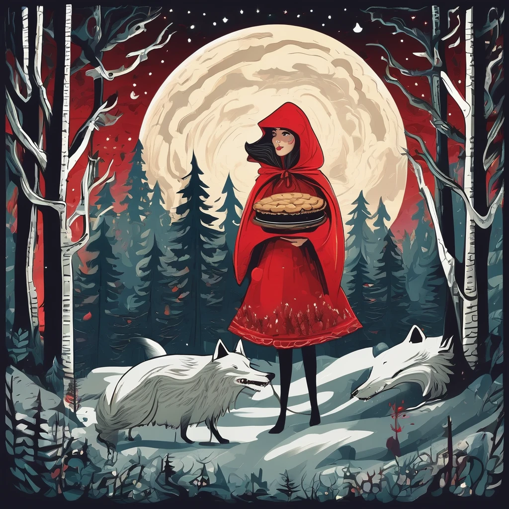 Folk Art Style Illustrations,Little Red Riding Hood is very small,carries a huge pie,Terrible Dense Forest,night,stars,Northern lights,behind her is a huge wolf with rotten teeth, drooling,blood