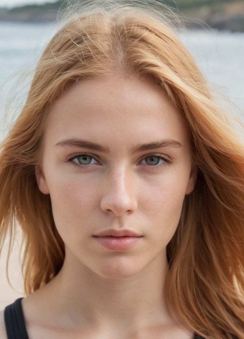 Best quality, Raw photo, face, a young woman with fiery blond hair. Her face fills the frame, exuding determination and mystery amidst a beach backdrop