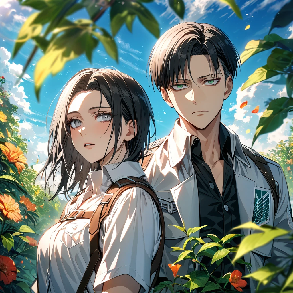 Ultra detailed, Highres, absurdres, HDR, Levi Ackerman, black hair, grey eyes, Shingeki No Kyojin, extremely handsome, 1 man with 1 woman who have white hair and green eyes, green leaves, flowers and petals, summer