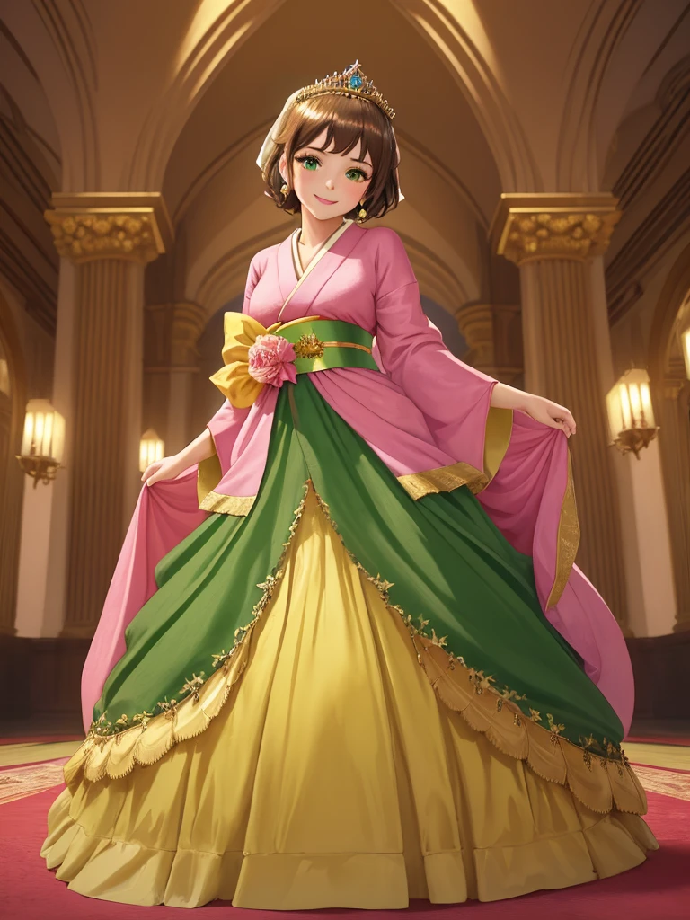 masterpiece, best quality:1.2), 1girl, smile, looking at viewer, green eyes, short brown hair, princess, princess dress, wearing puffy pink ballgown skirt reaching the floor, green kimono, golden tiara with veil, standing in ballroom of medieval castle