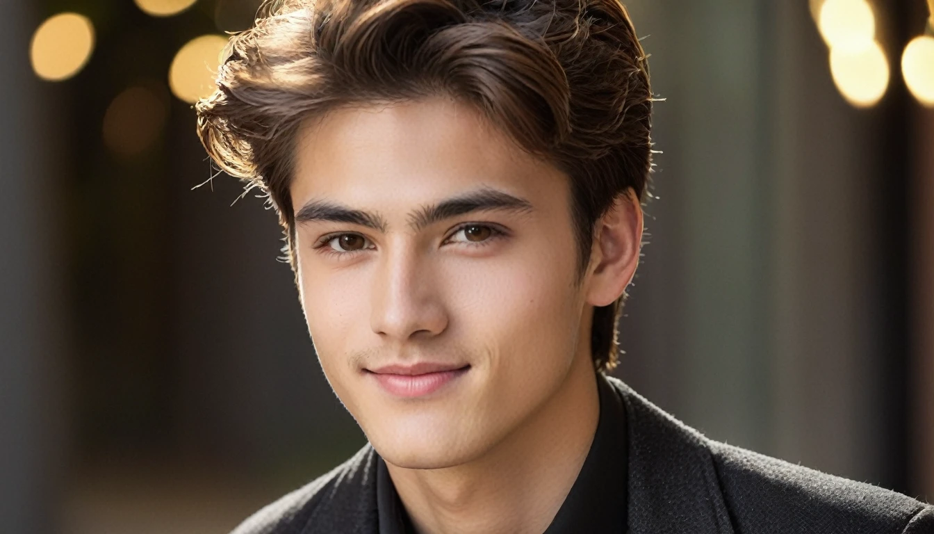 "A 21-year-old man, captured in a close-up shot. He has a confident and relaxed expression, with a slight smile. His features are youthful yet mature, with well-groomed hair and a stylish outfit suitable for his age. The background is softly blurred, emphasizing his face and expression. The lighting is soft, highlighting his features and creating a natural and appealing look.pose stand
