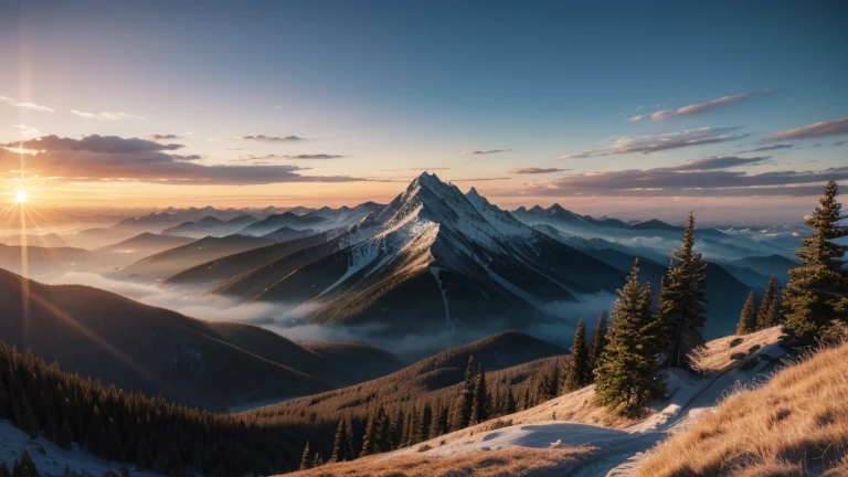 An inspiring landscape, like a sunrise on a mountain top or a heavenly landscape.