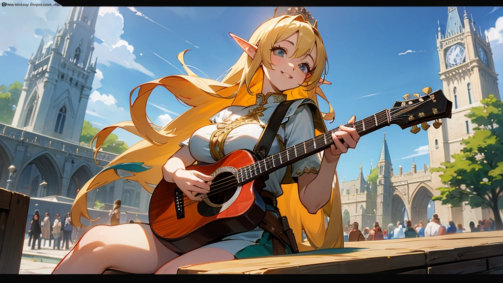 Anime Style,Nostalgic,Detailed background,The medieval world,A bustling square with many people,Smiling bard beautiful elf girl,guitar,Large Breasts,Underarm,High Tower of Babel