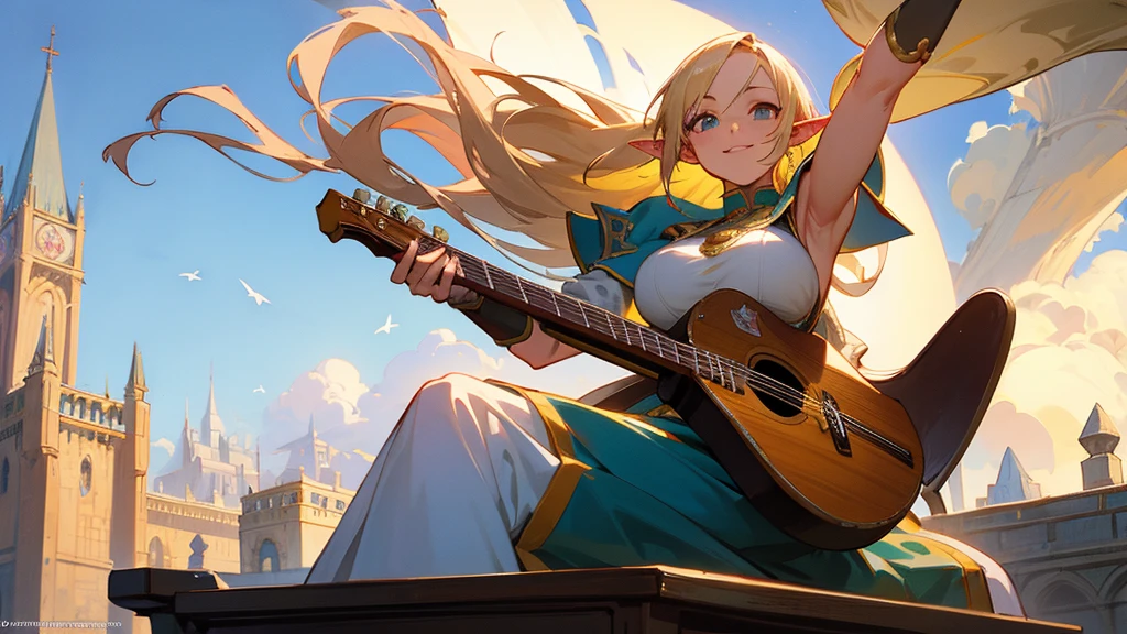 Anime Style,Nostalgic,Detailed background,The medieval world,A bustling square with many people,Smiling bard beautiful elf girl,guitar,Large Breasts,Underarm,High Tower of Babel
