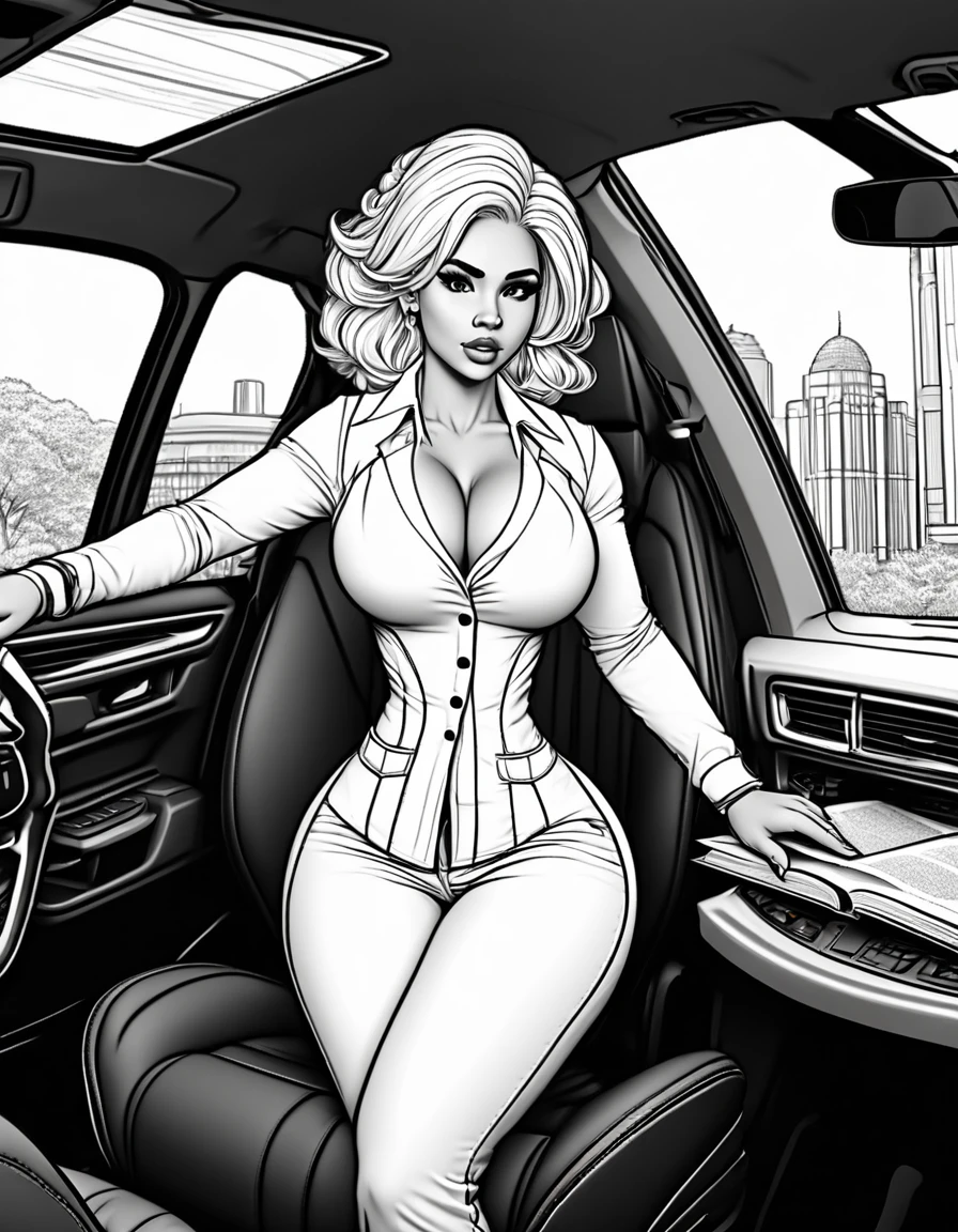 ((Coloring bookAF)) blackw & detailed white coloring book (line art), unsaturated, dumb and busty girl working as a librarian, details Intricate, highy detailed, hires, uncolored, no shadow, detailed back ground, flat ass, woman in car white hair, white clothes