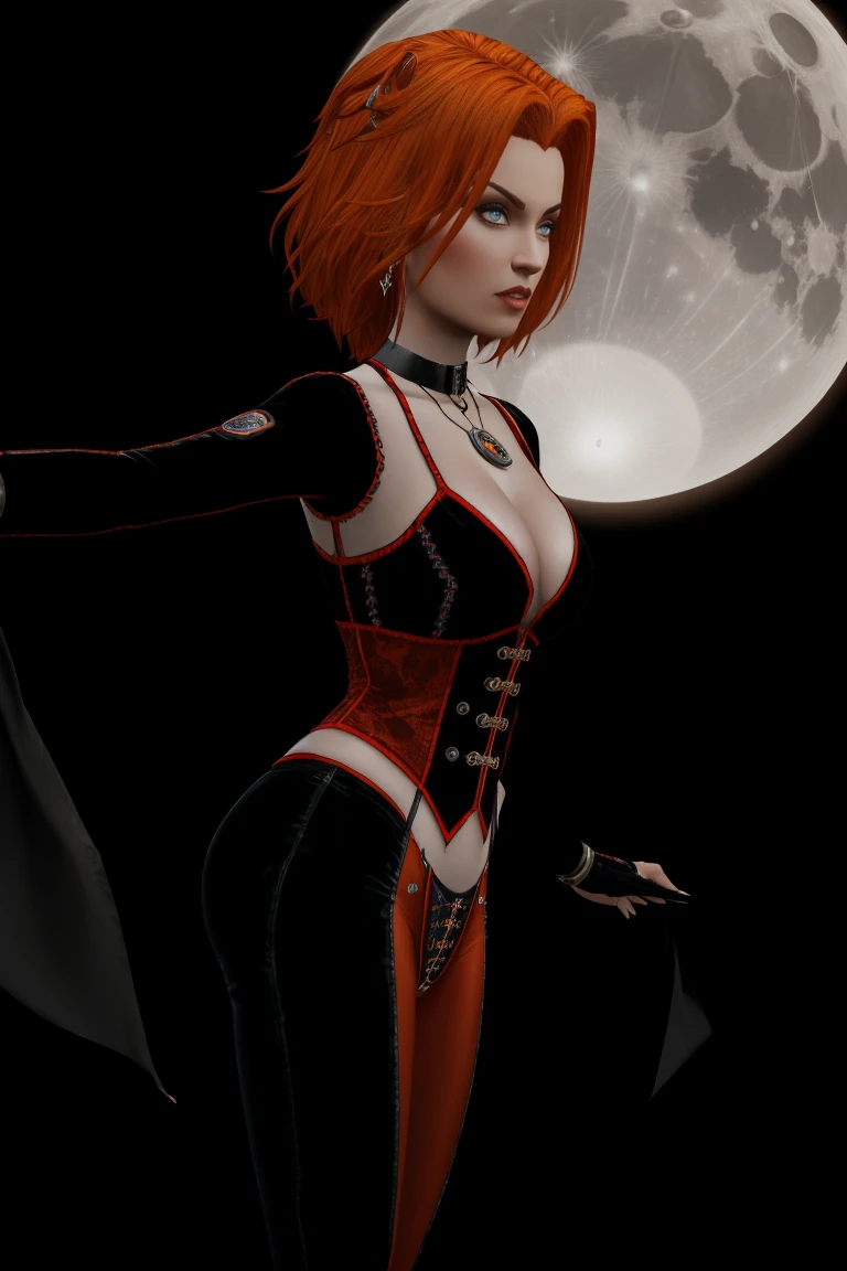 Close-up portrait of ebony African rayneclassic posing confidently, her stunning features illuminated by soft moon light. She wears a vibrant latex outfit, complete with a short skirt and platform heels that add to her statuesque presence. Her medium breasts are subtly highlighted under the fitted top. A necklace glimmers around her neck, drawing attention to her striking short red hair, styled in a fiery mane. Her hands rest confidently on her hips, accentuating her curves. The backdrop is set against the imposing night-time exterior of a vampire castle, the black stone walls and dark trees creating a dramatic contrast to Rayneclassic's radiant presence, ((short hair)), highly detailed, high budget Hollywood movie, bokeh, cinemascope, moody, epic, gorgeous, film grain, grainy, detailed skin texture, (blush:0.5), (goosebumps:0.5), subsurface scattering, (looking at the viewer:1.2)