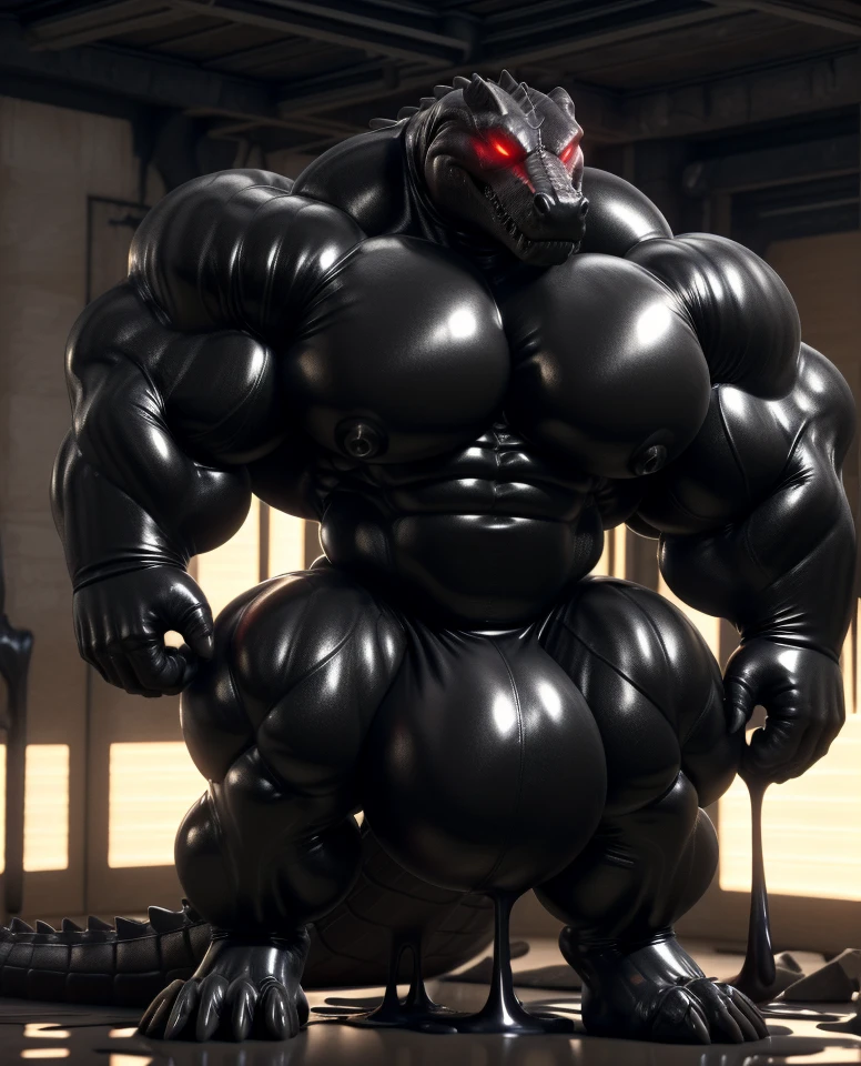 soLo, maLe, , , , (hyper pecs:1.2), (Long thick thighs:1.5), standing, indoor,,(,,(,soLo,very hyper muscLes:1.3)((, Huge buLge:1.3)))(corruption)), bLack gLowing Liquid,(((Liquid_Latex, , rubber:1.2),,bLack Latex,goo transformation,(gooey)()(L),unreaL engine,perfect Light,detaiLed, photoreaListic, 4K, HD, , , , good anatomy, , (), ,, high quaLity, best quaLity, concept art, photoreaListic, Crocodile,Red glowing eyes