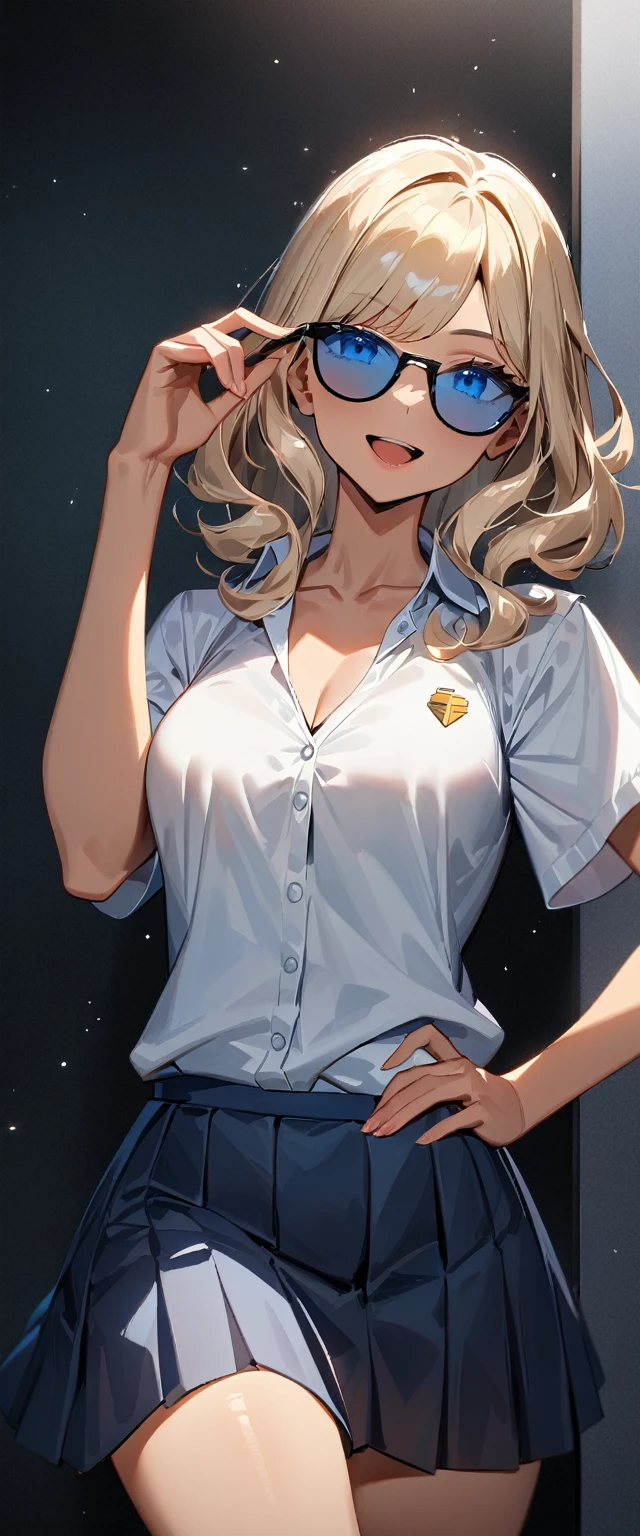 (((One girl))), ((tanned skin:1.3)), blond hair, inwardly curled hair, ((sunglasses, hand to sunglasses)), open mouth, stick out tongue, ((one hand on hip)), ((bob cut:1.3, wavy hair)), Heavy makeup, breasts, (cowboy shot), standard body, (looking at viewer), collarbone, ((((school summer uniform, white unbuttoned shirt, skirt)))), (open collar), ((tie under the sweater vest)), ((black sweater)), teenager, head tilt:1.3, (((blue eye))), ((happy smile)), (((anime style))), (best quality, 4k, 8k, highres, masterpiece:1.2, ultra-detailed, ultra-detailed eyes, HDR, UHD, studio lighting, ultra-fine painting, sharp focus, physically-based rendering, extreme detail description, professional, vivid colors, bokeh), ((Highest quality, Best image quality, Ultra-high resolution, Ultra-high resolution, solo, Strong eye highlights)), Depth of written boundary, Natural soft light, attractive, Beautiful Face, Cleanliness, Pure Face, nedium chest, Beautiful Face, Perfect Fingers, Perfect hands, Perfect body, Perfect Face, Shine a light into your eyes, Perfect Anatomy