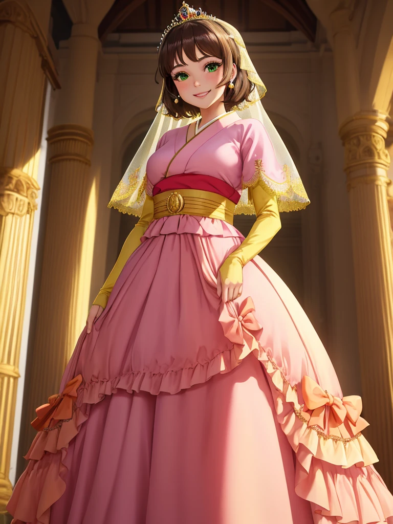 masterpiece, best quality:1.2), 1girl, smile, looking at viewer, green eyes, short brown hair, princess, princess dress, wearing puffy pink ballgown skirt reaching the floor, green kimono, golden tiara with veil, standing in ballroom of medieval castle