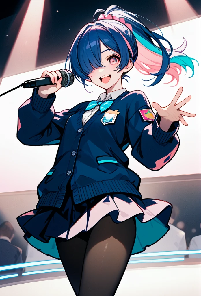 mature woman, mature face, pink eyes, excited expression, excited face, wide smile, glossy lips, ponytail hair, (blue hair color, pink gradient hair color, azure color hair), bangs covering left eye, left blinding bangs hairstyle, mature body, small breasts, dark blue cardigan, short skirt, navy color skirt, pantyhose, idol, stage, holding microphone, (idol pose)