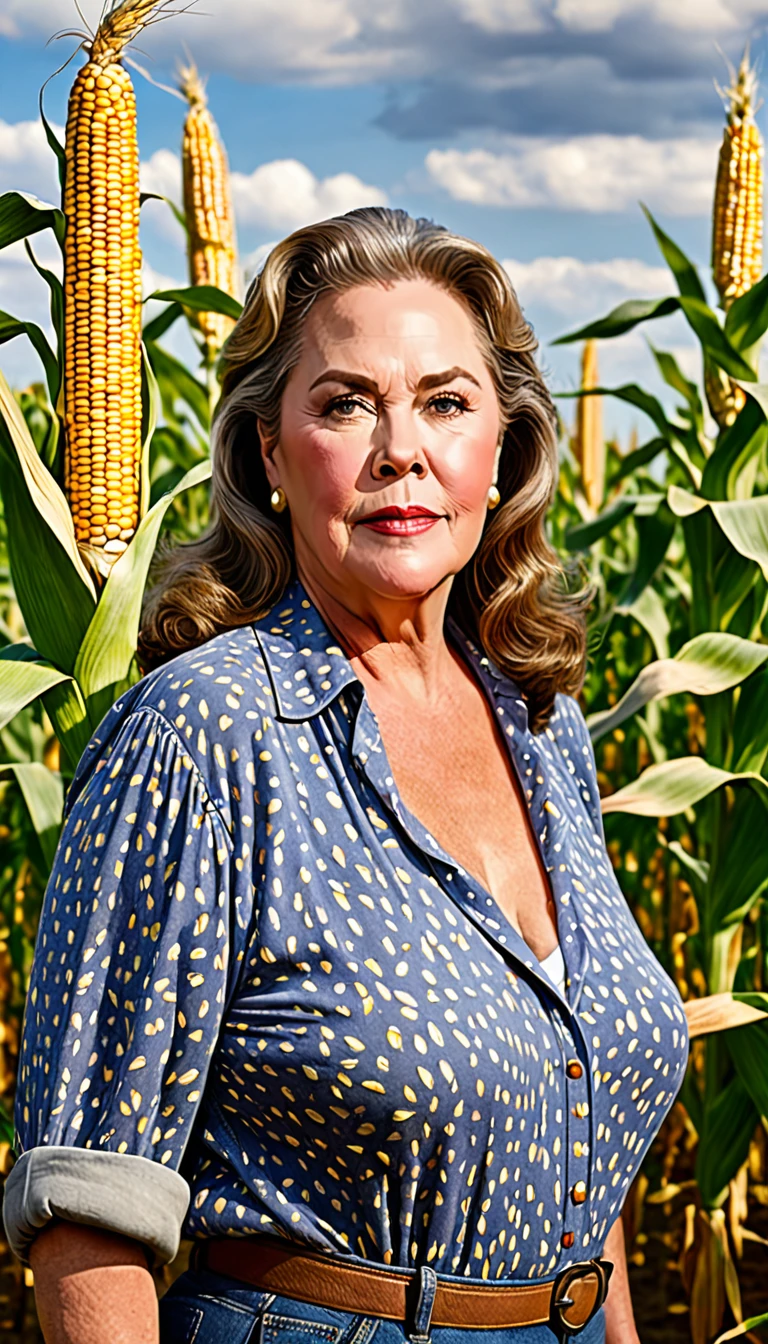 American old woman  40yo , brown hair ,look like Kathleen Turner , brown  eyes huge saggy tits , farmer, huge corn field