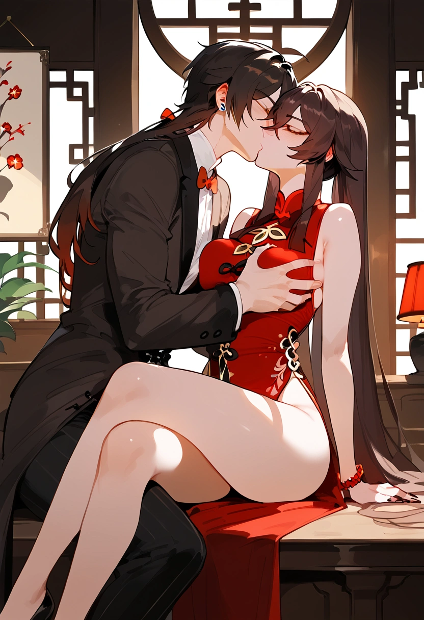 anime artwork, score_9, score_8_up, score_7_up, score_6_up, score_5_up, score_4_up, hu tao, she is 24 years old, style_3, sitting,,,,,,,He's taller than her,,, , 1boy, zhongli, breast grab, they are kissing, indoors, floox style,
