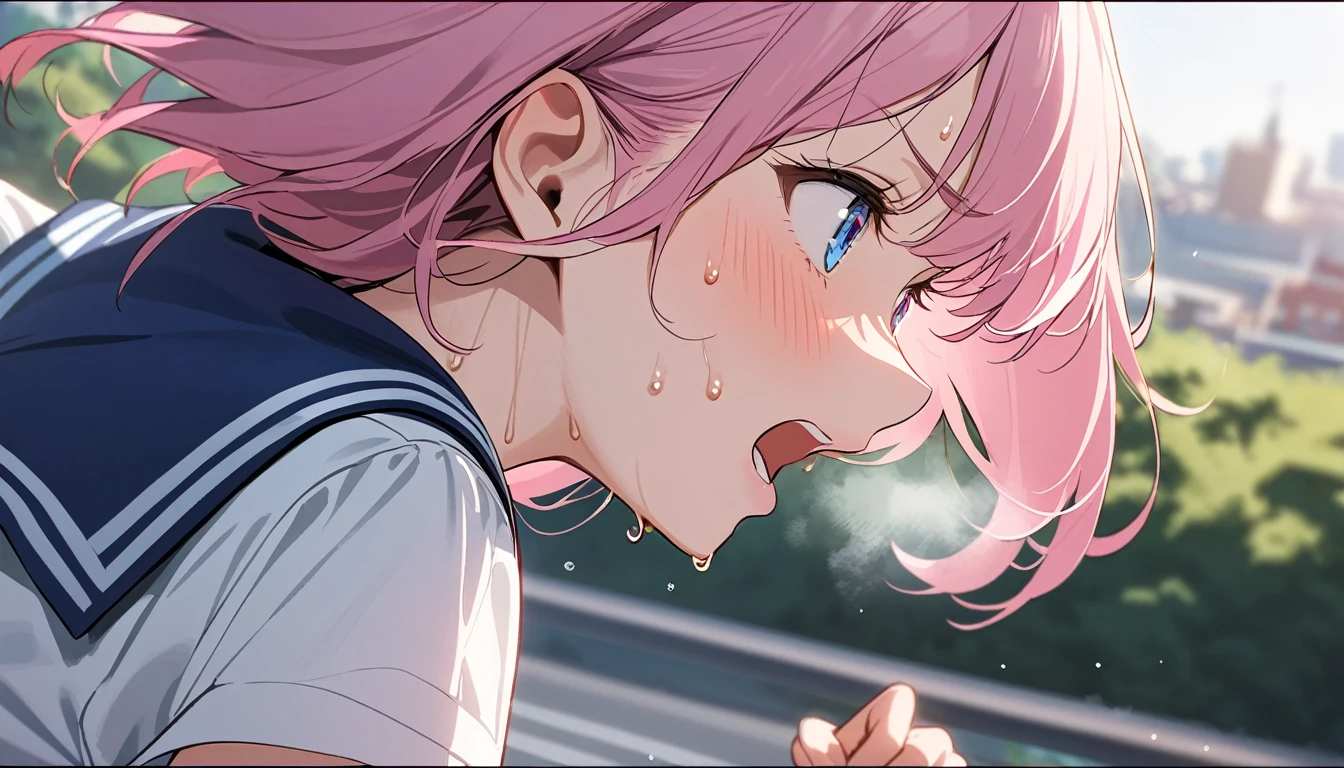 A girl surrounded by muscular men、Crying face、Pink Hair、blue eyes