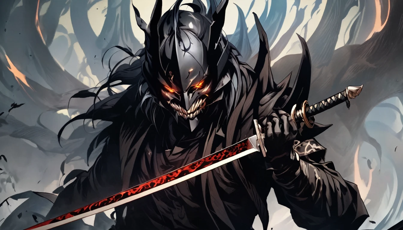 demon mask, sword on the hand,close up, black heavy detailed clothes, hand katana, art, dark and malevolent, hand sword, armor, powerful and intimidating, (masterpiece, best quality, ultra-detailed, best shadow), (detailed background, dark fantasy) dramatic light, intricate details, dark and malevolent, powerful and intimidating, Dark and foreboding, malevolent force, sinister and chilling, armor, high detailed background, girl in demon slayer art, demon slayer art style, epic anime art, God death