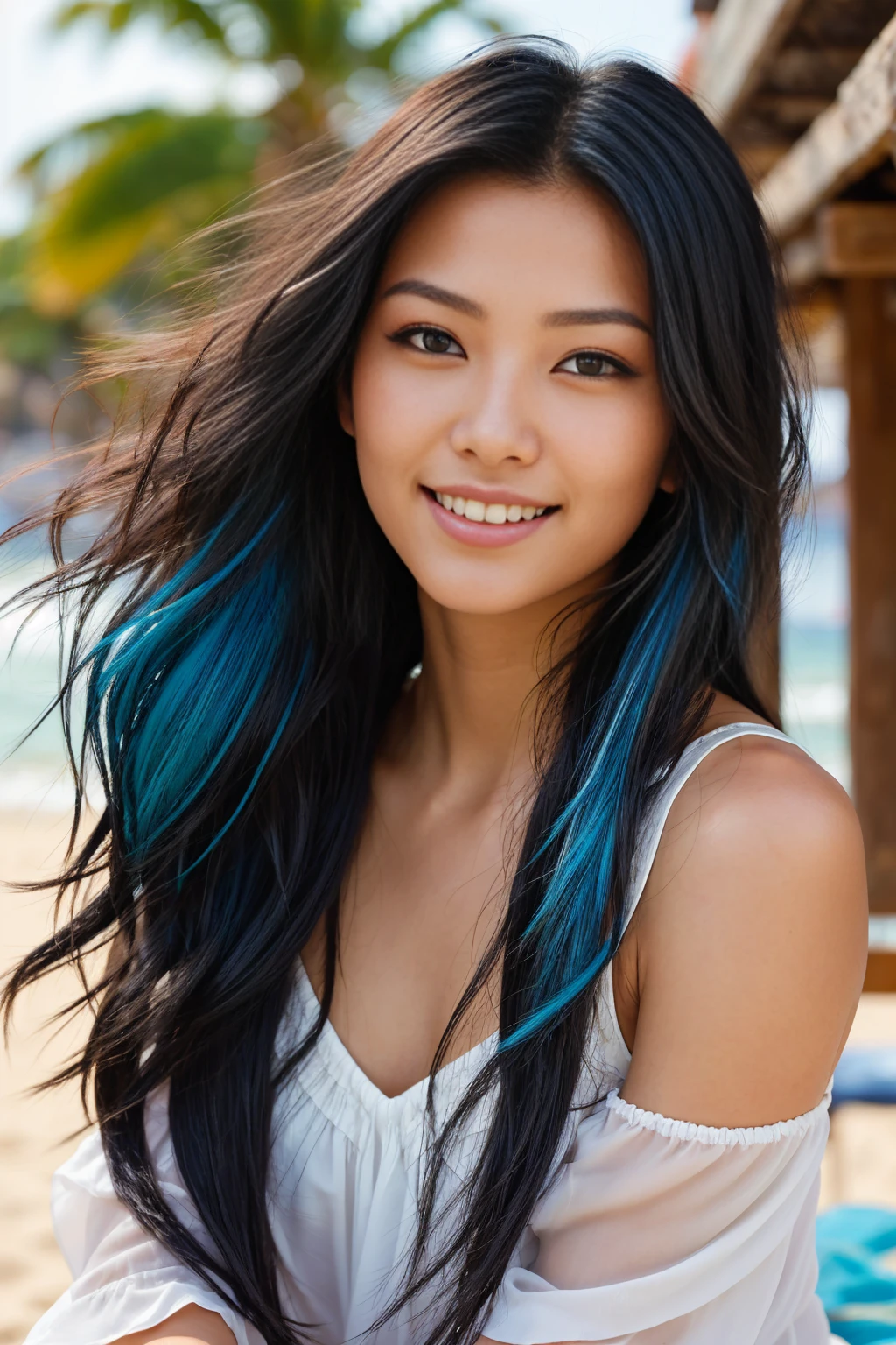 arafed woman with long black hair with deep blue highlights on the beach, flowing black hair, with black hair, photo of a beautiful woman, long flowing black hair, black golden hair, curly black hair, beautiful young asian woman, beautiful asian woman, wild ginger hair, black wispy hair, light black hair, a young asian woman, an asian woman, infp young woman, Portrait photo of a 24-year-old french girl in RAW UHD format (Brown-eyed woman), Details (textures! , Hair! , glistering, Color!! , imperfections: 1.1), DSLR Lighting, SLR camera, Ultra-Quality, sharpness, Film grain (Downtown), Fujifilm XT3, Crystal clear, Frame Center, beatiful face, sharp-focus, bokeh (lit), day time, (open sky), detailed skin pores, oilly skin, suntan, Complex eye details, beautiful face, smiling, (((straddle split))) 