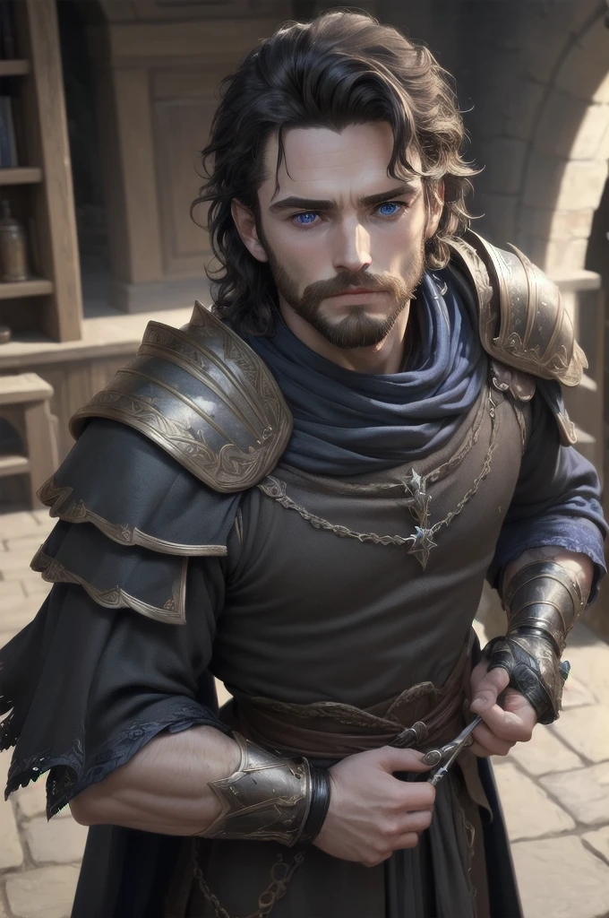 (best quality, masterpiece:1.4), 1boy, upperbody, scalemail, leather armor, robes, BREAK, black hair, medium hair, messy hair, BREAK, sapphire blue eyes, deep dark blue eyes, glowing eyes, beautifully detailed eyes, immaculate eye detail, BREAK, beard stubble, facial hair, closed mouth, BREAK, (Richard Madden:0.7), (Aragorn:0.8), absurdres, 4K UHD