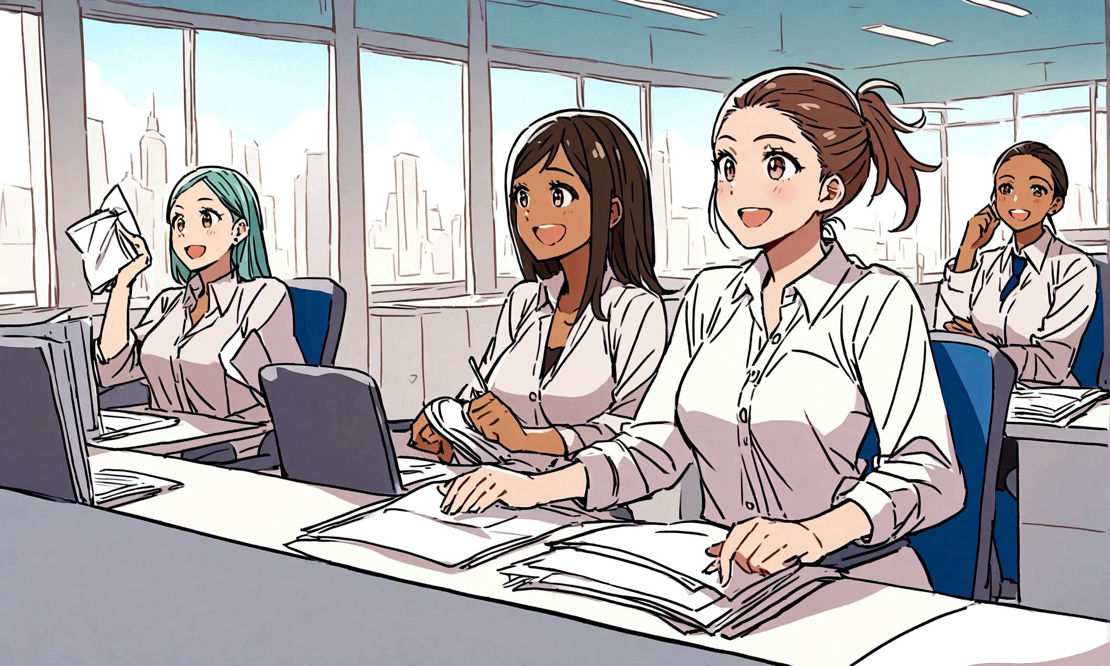 A cheerful little fairy flies above the heads of office workers, holding up documents in her hands. The workers look up from their computers and smile. The office is bright and airy, and the windows offer a view of the city outside. The fairy's documents contain new ideas and presentations that will motivate the workers. The workers' desks are cluttered with coffee cups and papers. Overall, the image conveys a lively scene in a bustling office.
Keywords: office, fairy, documents, smile, cheerful, lively
Additional notes:
* The fairy's wings should sparkle.
* The workers should be of different genders and ethnicities.
* The office should be modern and well-lit.