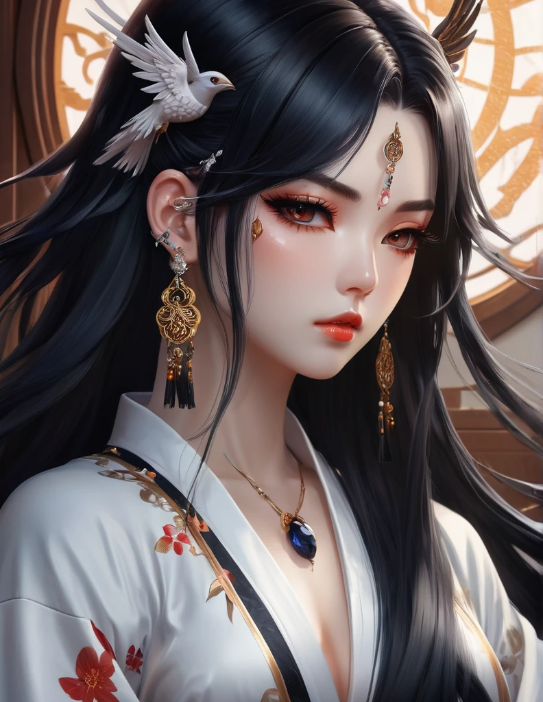 quality(8k wallpaper of extremely detailed CG unit, masterpiece, hight resolution, top-quality, top-quality real texture skin,hyper realisitic, digitial painting,increase the resolution,RAW photos,best qualtiy,highly detailed,the wallpaper),BREAK,8K, onmyoji-style art, black long hair , angel girl, owel tattoos, white robe , full face, close up shot, frontal shot, crystal earrings, piercings, covered whit eyepatch