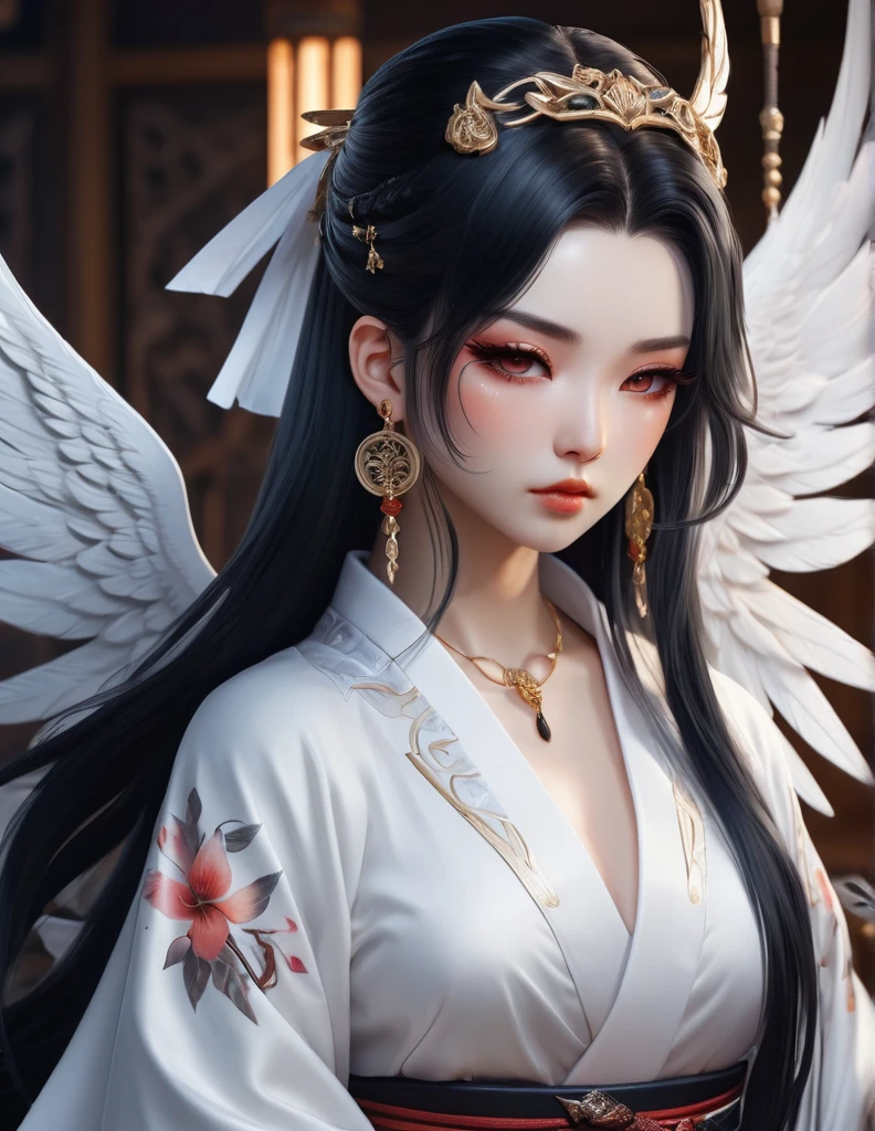 quality(8k wallpaper of extremely detailed CG unit, masterpiece, hight resolution, top-quality, top-quality real texture skin,hyper realisitic, digitial painting,increase the resolution,RAW photos,best qualtiy,highly detailed,the wallpaper),BREAK,8K, onmyoji-style art, black long hair , angel girl, owel tattoos, white robe , full face, close up shot, frontal shot, crystal earrings, piercings, covered whit eyepatch
