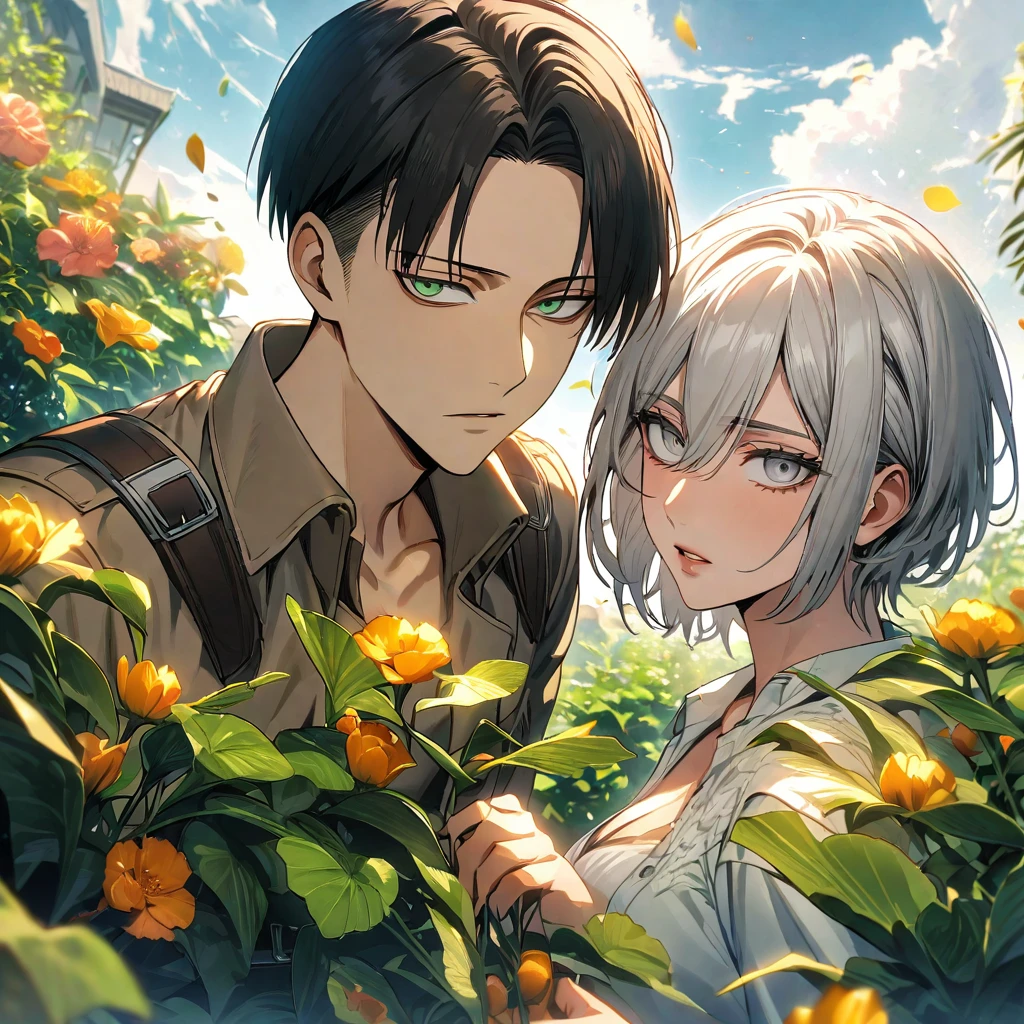 Ultra detailed, Highres, absurdres, HDR, Levi Ackerman, black hair, grey eyes, Shingeki No Kyojin, extremely handsome, 1 man with 1 woman who have white hair and green eyes, the woman is part of the squad,  green leaves, flowers and petals, summer