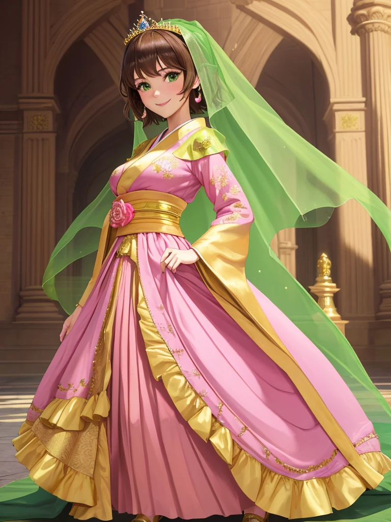 masterpiece, best quality:1.2), 1girl, smile, looking at viewer, green eyes, short brown hair, princess, princess dress, wearing puffy pink ballgown skirt reaching the floor, green kimono, golden tiara with veil, standing in ballroom of medieval castle