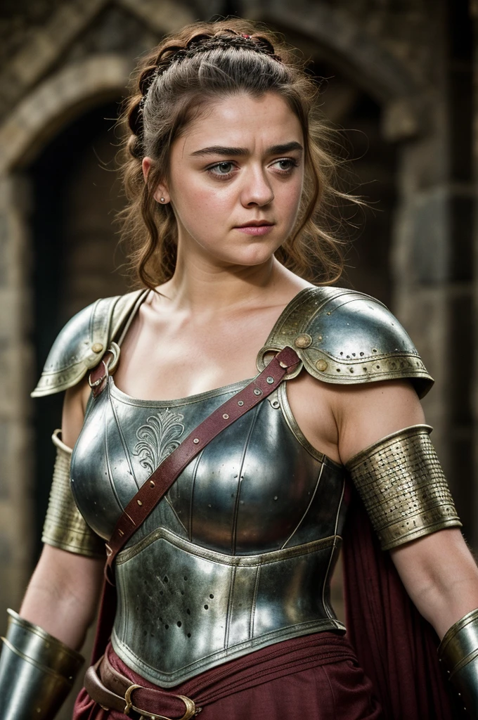 Foto RAW, Arya Stark, Stunning Beauty, Ravishing, Enchantress, Extremely gorgeous lady, Arya Stark PLAYED BY MAISIE WILLIAMS, Queen Arya Stark, she a mature woman now, milf, sexy mediaeval battle dress, gladiator woman, body, 40 years old Woman, Roman slave dress, cotton dress, busty mediaeval costumes, body revealing costumes, perky breast, big natural breast, ?????? costumes, lusty physique, seductive figure can capture every people's attention, Game of thrones costumes, revealing captivating figure, Mediaeval costumes, revealing clothes, A tomboy, she would rather fence than dance, warrior queen , game of thrones screen caps, Game of Thrones Series, (pele altamente detalhada: 1.2), 8k UHD, DSLR, soft-lighting, alta qualidade, grain of film, Fujifilm XT3, flawless picture, highly detailed, detailed Beauty, intricate, 32k, sharp picture,