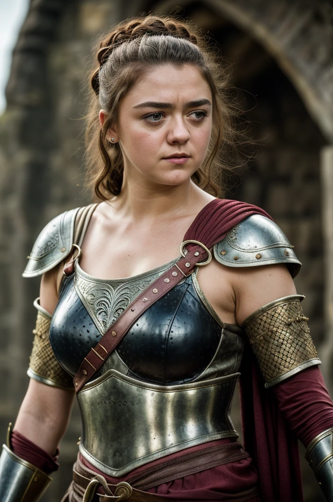 Foto RAW, Arya Stark, Stunning Beauty, Ravishing, Enchantress, Extremely gorgeous lady, Arya Stark PLAYED BY MAISIE WILLIAMS, Queen Arya Stark, she a mature woman now, milf, sexy mediaeval battle dress, gladiator woman, body, 40 years old Woman, Roman slave dress, cotton dress, busty mediaeval costumes, body revealing costumes, perky breast, big natural breast, erotic costumes, lusty physique, seductive figure can capture every people's attention, Game of thrones costumes, revealing captivating figure, Mediaeval costumes, revealing clothes, A tomboy, she would rather fence than dance, warrior queen , game of thrones screen caps, Game of Thrones Series, (pele altamente detalhada: 1.2), 8k UHD, DSLR, soft-lighting, alta qualidade, grain of film, Fujifilm XT3, flawless picture, highly detailed, detailed Beauty, intricate, 32k, sharp picture,