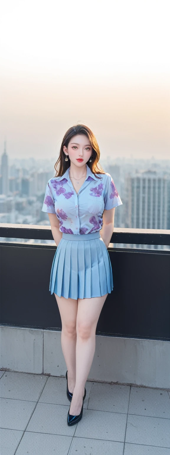 score_9, score_8_up, score_7_up, BREAK,
In a masterpiece scene, professional lighting techniques like photon mapping and radiosity are employed, alongside physically-based rendering. The focus is on a single girl, depicted full-body. The absurdres quality and high resolution bring out every detail, from the skyline in the background to her attire. She is adorned in Song-style outfits, featuring a light blue short shan and a translucent white pleated skirt, complemented by purple floral songmo. Her yellow eyes add a striking contrast to her large breasts, enhancing her beauty and the surreal quality of the image.
