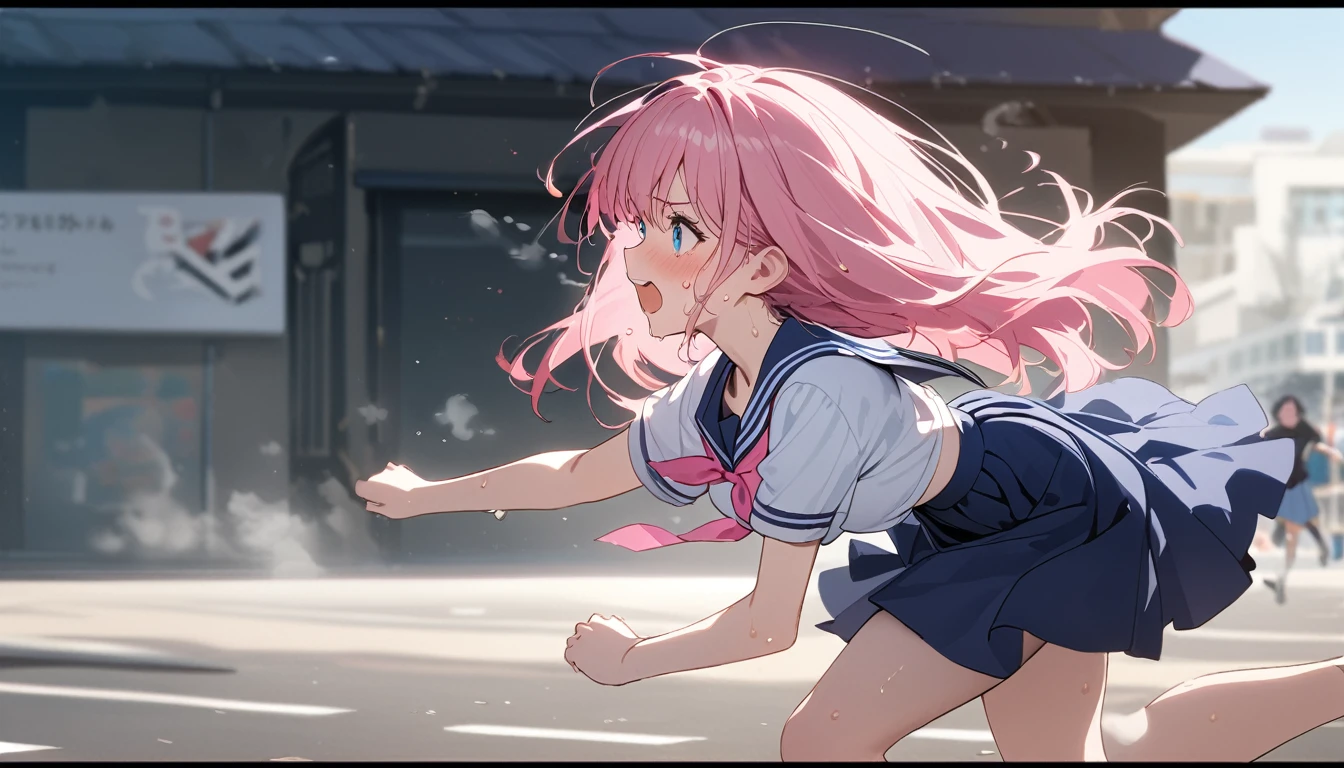 (1 girl),(Best Picture Quality, 8K, Masterpiece:1.3), (high school student:1.5), (pink lob hair), (bob hair), (slant skyblue eyes), ((white sailor short sleeve shirt, darkblue skirt, darkblue sailor collar, pink ribbon)), (super clear:1.5), (glistening skin:1.1),(pale skin:1.1), (looking ahead:1.3), ((from side:1.3)),(the beautiful scenery of the city alleys in the morning), (running:1.3),(panicking),(sweat:1.3),(steam:1.2),((close up face))