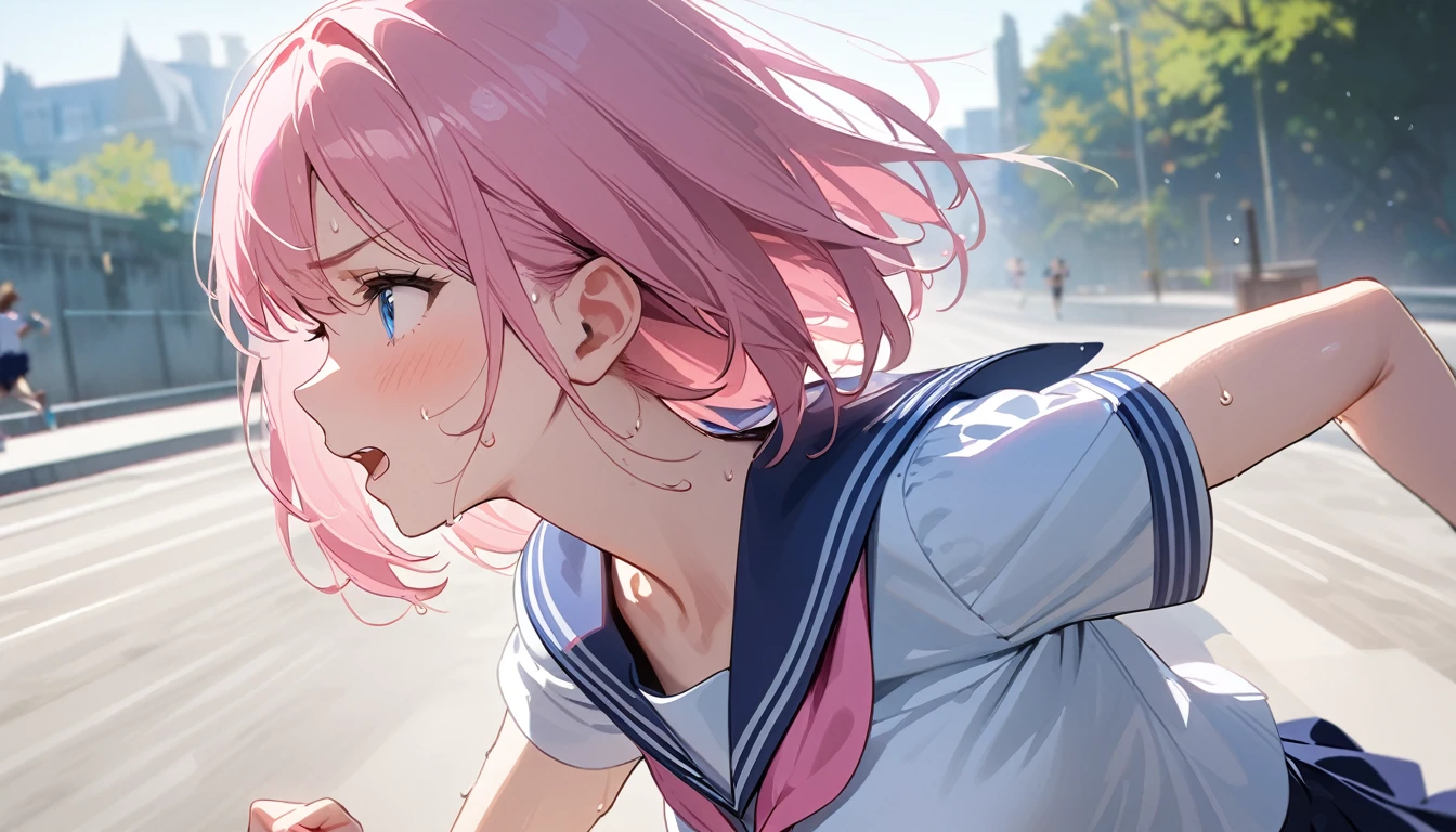 (1 girl),(Best Picture Quality, 8K, Masterpiece:1.3), (high school student:1.5), (pink lob hair), (bob hair), (slant skyblue eyes), ((white sailor short sleeve shirt, darkblue skirt, darkblue sailor collar, pink ribbon)), (super clear:1.5), (glistening skin:1.1),(pale skin:1.1), (looking ahead:1.3), ((from side:1.3)),(the beautiful scenery of the city alleys in the morning), (running:1.3),(panicking),(sweat:1.3),(steam:1.2),((close up face))