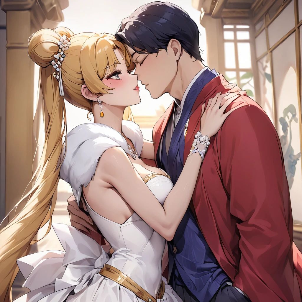 ((Highest quality)), ((masterpiece)), (detailed), (Perfect Face)、The woman is Tsukino Usagi, with long blonde hair in a chignon twin tail, and is the empress of the First Emperor of ancient China.、A woman is wearing a gorgeous and dazzling red ancient Hanfu wedding costume and luxurious jeweled accessories in an ancient Chinese palace, and is embracing and kissing a dignified man, the First Emperor, in a luxurious ancient Chinese palace.、The man is the First Emperor of ancient China, wearing a wedding dress and embracing the woman in a kiss of vows to get married.