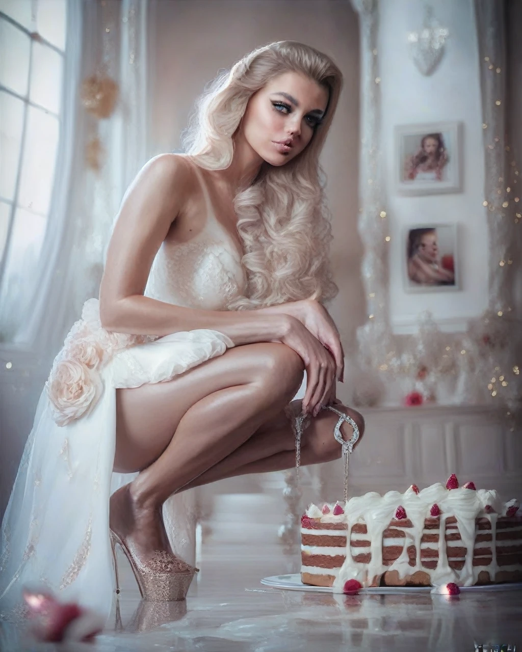 a beautiful tanned girl squatting on a huge cream cake, cum dripping down, extremely detailed, intricate, elegant, ornate, exotic, high quality, photorealistic, (best quality,4k,8k,highres,masterpiece:1.2),ultra-detailed,(realistic,photorealistic,photo-realistic:1.37),extremely detailed eyes and face, beautiful detailed lips, long eyelashes, ecchi, nsfw, pinup