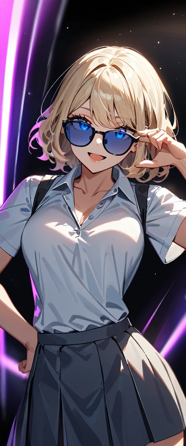 (((One girl))), ((tanned skin:1.3)), blond hair, inwardly curled hair, ((sunglasses, hand to sunglasses)), open mouth, stick out tongue, ((one hand on hip)), ((bob cut:1.3, wavy hair)), Heavy makeup, breasts, (cowboy shot), standard body, (looking at viewer), collarbone, ((((school summer uniform, white unbuttoned shirt, skirt)))), (open collar), ((tie under the sweater vest)), ((black sweater)), teenager, head tilt:1.3, (((blue eye))), ((happy smile)), (((anime style))), (best quality, 4k, 8k, highres, masterpiece:1.2, ultra-detailed, ultra-detailed eyes, HDR, UHD, studio lighting, ultra-fine painting, sharp focus, physically-based rendering, extreme detail description, professional, vivid colors, bokeh), ((Highest quality, Best image quality, Ultra-high resolution, Ultra-high resolution, solo, Strong eye highlights)), Depth of written boundary, Natural soft light, attractive, Beautiful Face, Cleanliness, Pure Face, nedium chest, Beautiful Face, Perfect Fingers, Perfect hands, Perfect body, Perfect Face, Shine a light into your eyes, Perfect Anatomy
