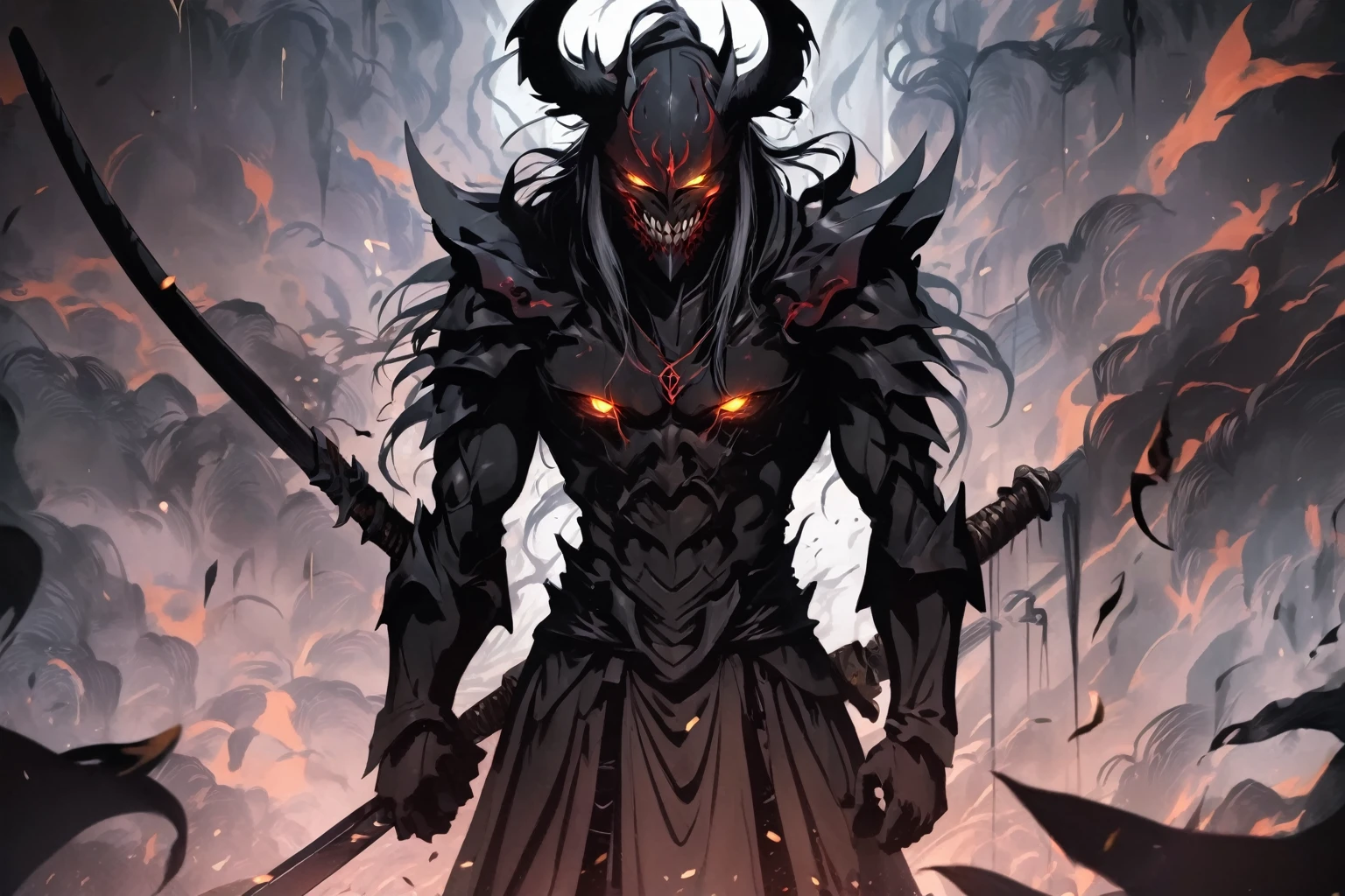 demon mask, sword on the back,close up, black heavy detailed clothes, hand katana, art, dark and malevolent, hand sword, armor, powerful and intimidating, (masterpiece, best quality, ultra-detailed, best shadow), (detailed background, dark fantasy) dramatic light, intricate details, dark and malevolent, powerful and intimidating, Dark and foreboding, malevolent force, sinister and chilling, armor, high detailed background, girl in demon slayer art, demon slayer art style, epic anime art, God death