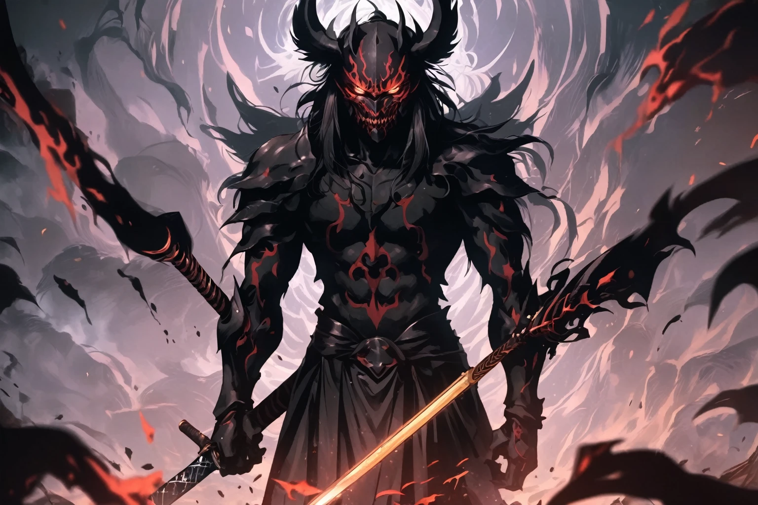 demon mask, sword on the back,close up, black heavy detailed clothes, hand katana, art, dark and malevolent, hand sword, armor, powerful and intimidating, (masterpiece, best quality, ultra-detailed, best shadow), (detailed background, dark fantasy) dramatic light, intricate details, dark and malevolent, powerful and intimidating, Dark and foreboding, malevolent force, sinister and chilling, armor, high detailed background, girl in demon slayer art, demon slayer art style, epic anime art, God death