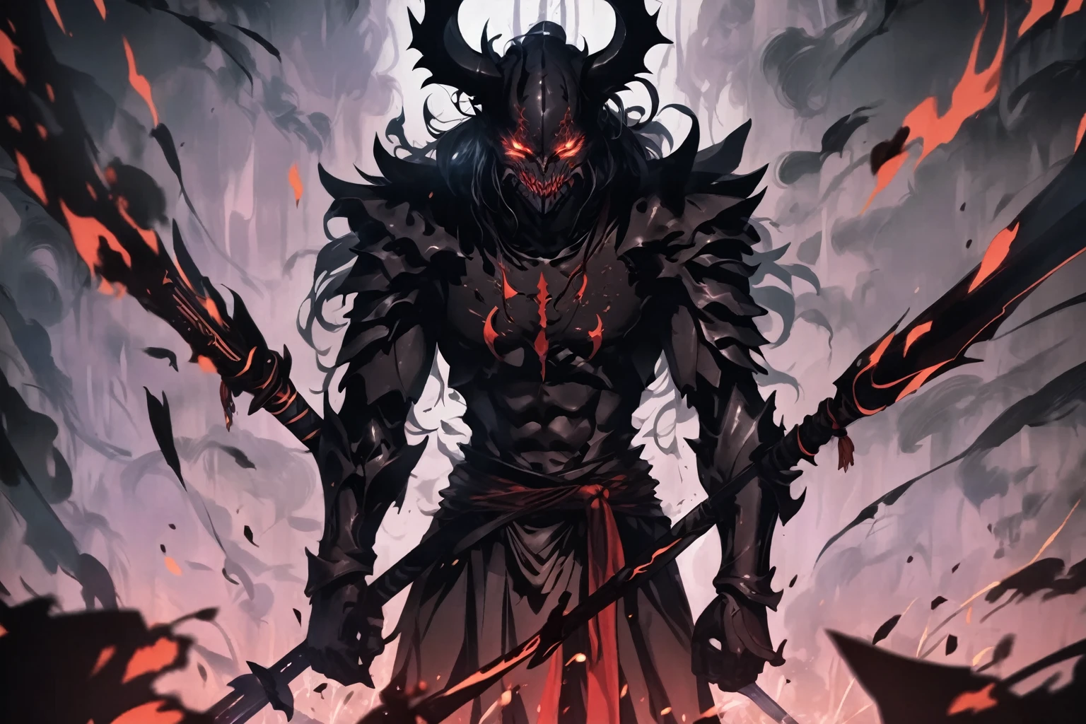 demon mask, sword on the back,close up, black heavy detailed clothes, hand katana, art, dark and malevolent, hand sword, armor, powerful and intimidating, (masterpiece, best quality, ultra-detailed, best shadow), (detailed background, dark fantasy) dramatic light, intricate details, dark and malevolent, powerful and intimidating, Dark and foreboding, malevolent force, sinister and chilling, armor, high detailed background, girl in demon slayer art, demon slayer art style, epic anime art, God death