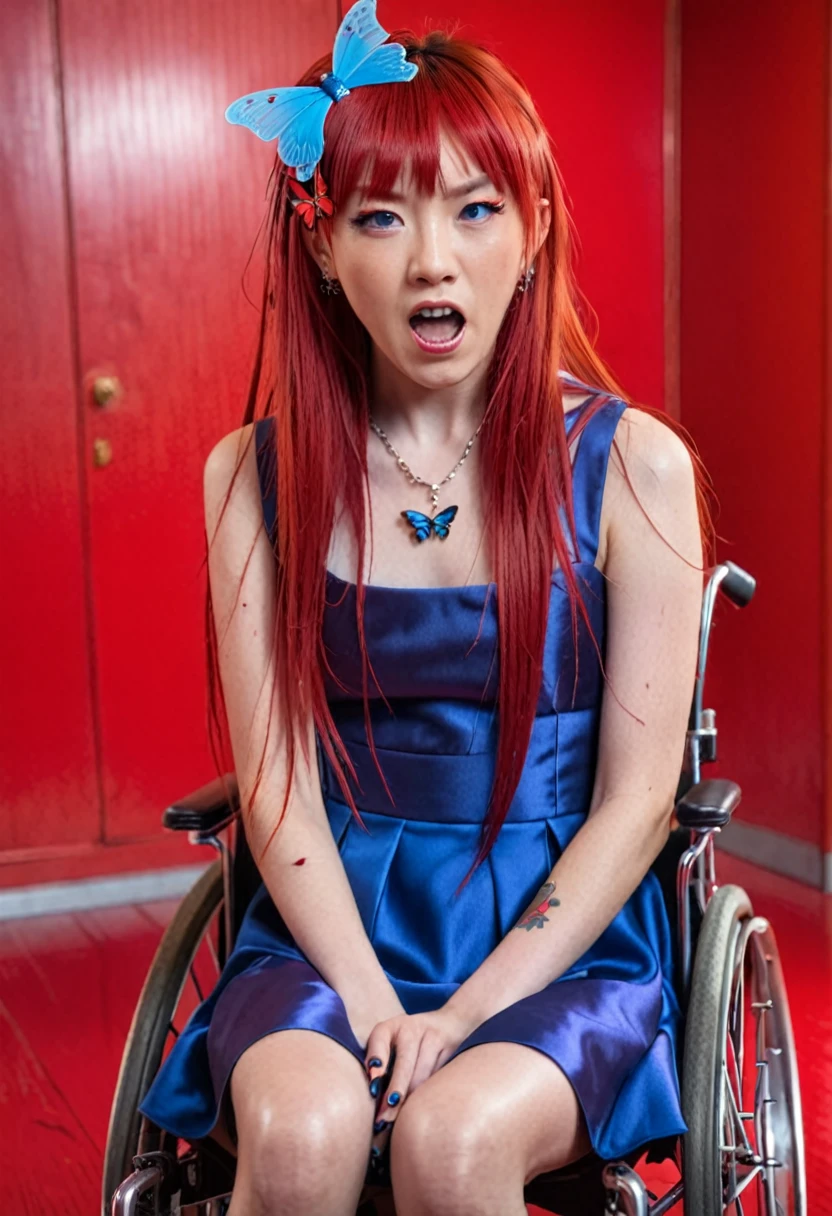 Uhd, photo of Cami, subject: Noriko, 1/2 Japanese 1/2 Hainu skinny girl in a 2/0 large wheelchair with long red hair and fringe, blue+++ eyes, oval face, LGBTQIA+, queer, punk style, wearing 1/3 long red dress, buttefly hairclip, tattooes.  She has a very angry facial expression and looks towards the camera.. She is screaming and walking. Background: red room.