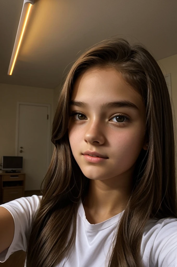 A selfie of a 14 year old girl with brown long hair as realistic as possible in a room with led lighting