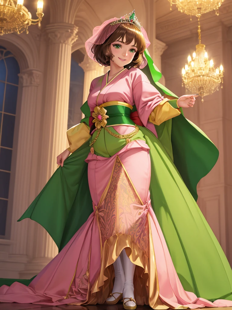 masterpiece, best quality:1.2), 1girl, smile, looking at viewer, green eyes, short brown hair, princess, princess dress, wearing puffy pink ballgown skirt reaching the floor, green kimono, golden tiara with veil, standing in ballroom of medieval castle