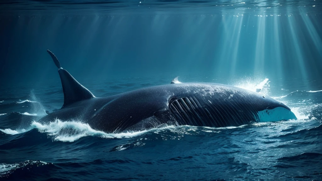 Ruins in the dark depths of the ocean。Whale lying on the ocean floor。Mysterious and high resolution。