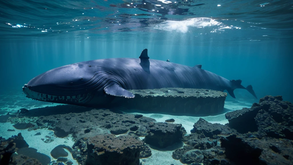 Ruins in the dark depths of the ocean。Whale lying on the ocean floor。Mysterious and high resolution。