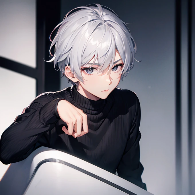 male character,Short silver hair, black eyes, wearing a black sweater, pretty face.