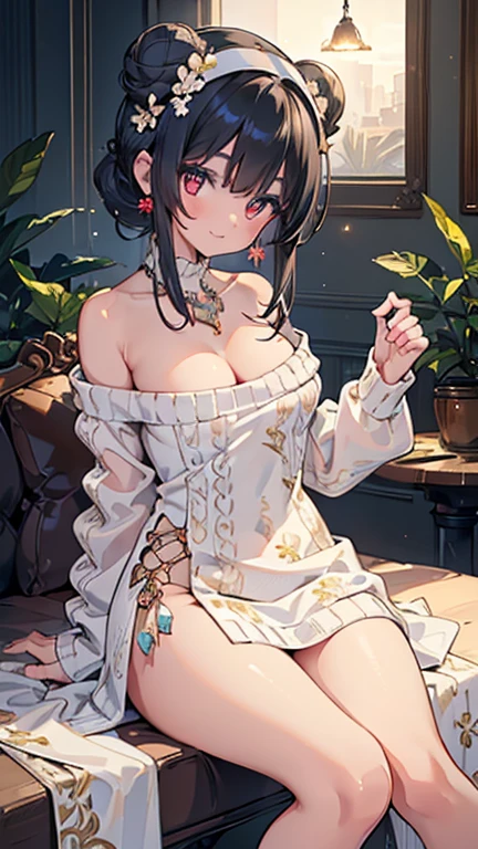(((Masterpiece))),(((Super Detail))),(((in 8K))),(((best composition))),(((Rim lighting,Fireglow effect,deep shadow))),solo),Beautiful fingers,Detailed finger features,(Detailed hair features:1.7),(Dynamic and sexy bending pose:1.3),detailed facial features,detailed clothes features, (perky chest:1.1), (pointed chest:1.3), delicate beautiful face, Bright blue eyes, cute eyes, sparkling eyes, Big eyes, beautiful detailed eyes,double bun with glittering hair ornament:0.6,(super detailed glossy skin:1.3),slender body,goddess smile,((with sparkling eyes and a contagious smile)),beautiful posture,have a cup of coffee,black hair, red eyes, dress, bare shoulders, jewelry, collarbone, sidelocks, hairband, earrings, indoors, off shoulder, sweater, arms behind back, plant, short hair with long locks, white hairband, off-shoulder dress, sweater dress, off-shoulder sweater, red sweater, big side hair, very long side hair,(super delicate floral pattern:1.2),seductive cleavage:1.3,beautiful glossy legs,shiny red high heels,lifting dishes with cakesd,french restaurant,hustle and bustle,rising steam,(((depth of fields)))