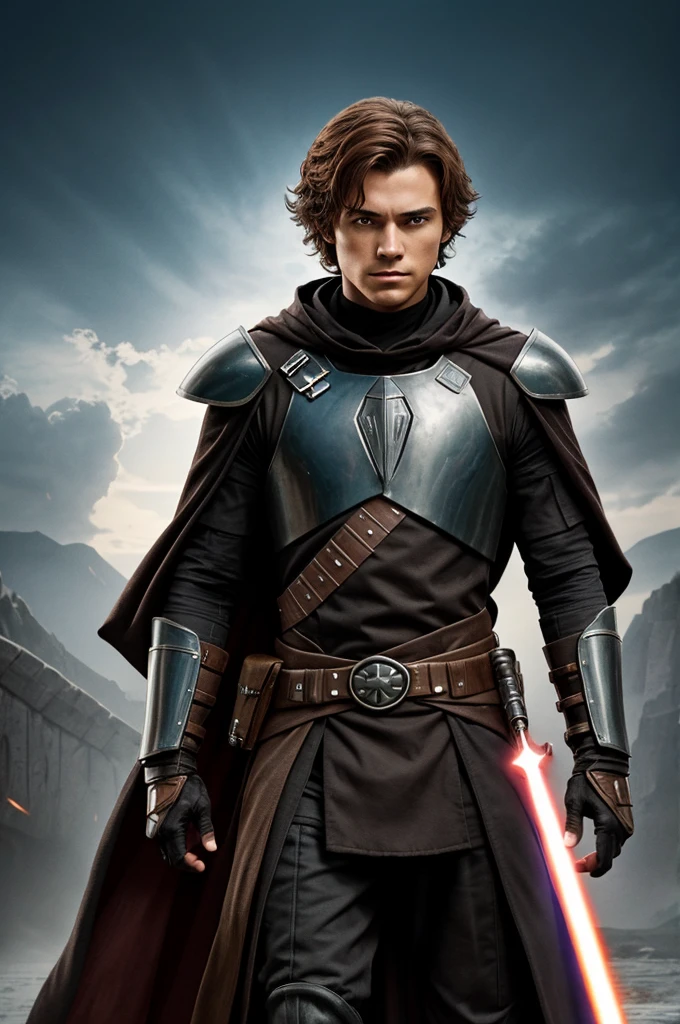 young 15 year old human jedi padawan with a black cape and brown and black armor similar to that of the colonic wars on this one with reddish brown hair, battle scar on his eye with a black glove on his hand and with the mark of the rebellion in wine color on a shoulder pad on a beautiful gray background realistic style combining 2d and 3d and watercolors something vivid without errors