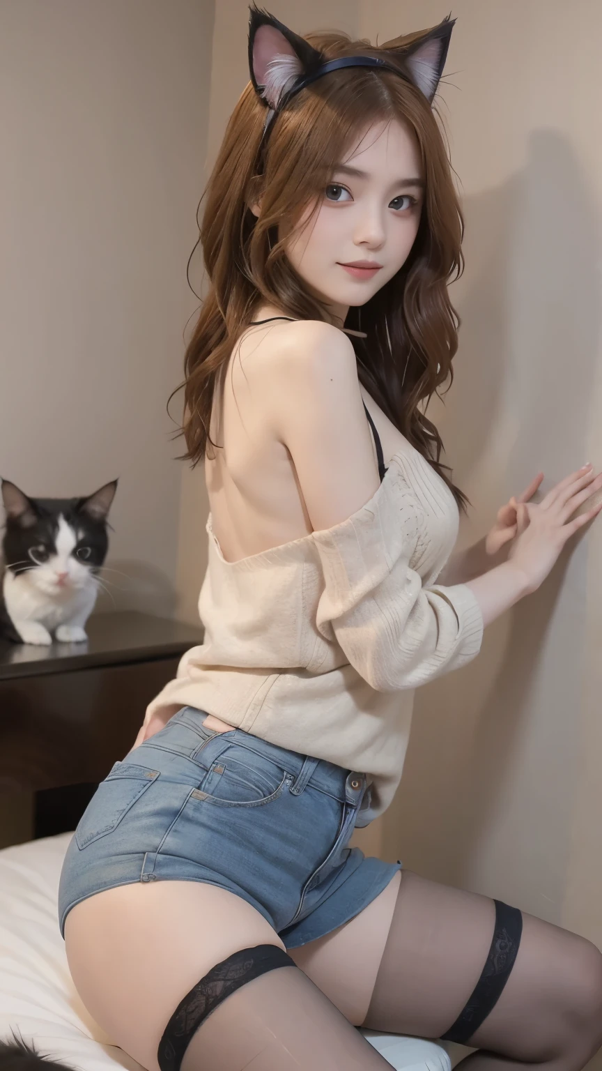 ((best quality)), ((masterpiece)), (Detailed), 1 Japanese woman, middle age, 26 years old, Foto shooting, cheerfuler Gesichtsausdruck, katzen ohren, nekomimi, Cat Woman, aroused, cheerful, Neckline, Collar with brand, Plus Size Sweaters, Sweater slips easily from the shoulder, knee socks, comfortable shorts, tousled red hair, Back long hair, blue eyes, small breasts, sitting on the bed, with his back leaning against a wall, right leg stretched out, Left leg bent, Head resting on left knee, Bedroom, erotic atmosphere ,(red hair), (cat ears), Back to the wall,