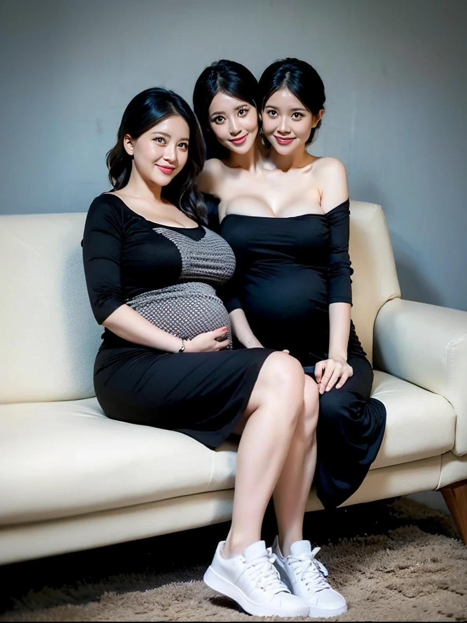 2 heads, Two mothers, 36 years old, During pregnancy, Curvy, Casual Dresses, sneakers, Happy, Sitting on the couch,