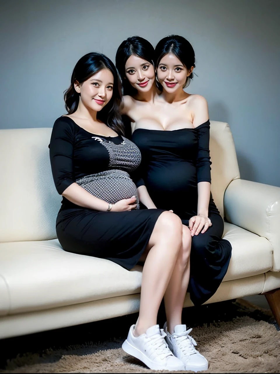 2 heads, Two mothers, 36 years old, During pregnancy, Curvy, Casual Dresses, sneakers, Happy, Sitting on the couch,